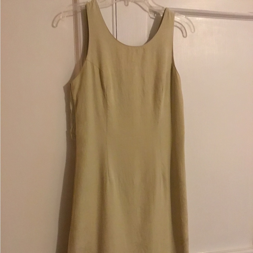 Form fitting, lined, long (ankle length) sleeveless, light green/yellow dress.